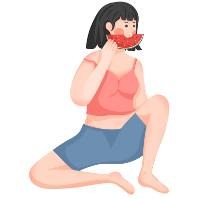 夏日卡通吃西瓜的齊劉海女孩圖片
