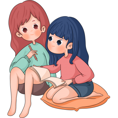 卡通手繪兩個坐著學習的女孩矢量素材