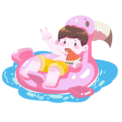 粉色游泳圈小男孩吃西瓜玩水png圖片素材